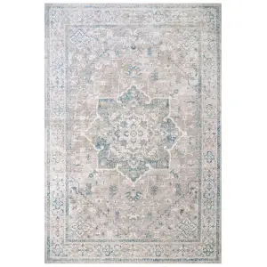 Blue Grey Floral Traditional Medallion Distressed Living Area Rug 60x110cm