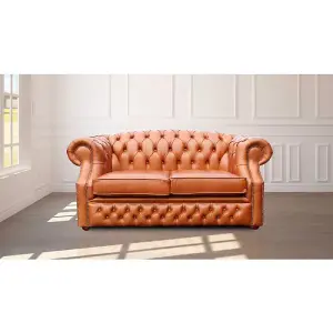 Chesterfield 2 Seater Old English Tan Leather Sofa Bespoke In Buckingham Style