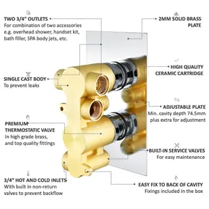 ENKI Regent English Gold Black Crosshead 2-Outlet Solid Brass Thermostatic Twin Shower Valve TSV040