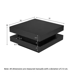 Black Square High Gloss Coffee Table with Rotating Top, Tea Table with 16-Color LED light, 70x70x36 cm