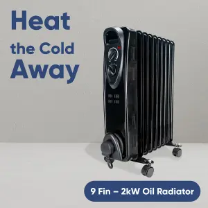 OIL Filled Radiator 9 Fin Black Heater Electric 2KW Free Standing Portable Oil Radiator with Thermostat - 3 Heater Settings, Built