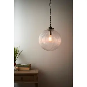 Bateson 1 - Light Globe Pendant Antique Brass/Clear Ribbed Glass / 100cm H x 35cm W x 35cm D