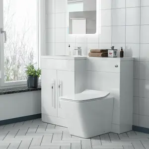 Nes Home White 1100 mm LH L-Shape Basin Vanity Unit WC BTW Rimless Toilet