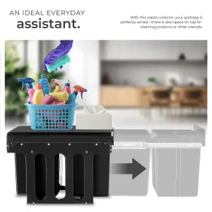 Kitchen Bin Ashlyn - 3 compartments, telescopic rails, 31L total capacity - black