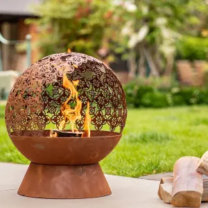 Damasque Globe Fire Pit Bowl - Weatherproof Oxidised Metal Modern Outdoor Garden Log Wood Burner with Cut-Out Design - H61 x 46cm