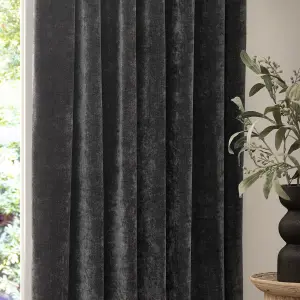 Yard Heavy Chenille Velvet Charcoal Pencil Pleat Curtains, 168 x 137cm