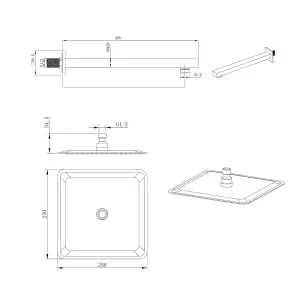 Zoia Black Triple Outlet Thermostatic Valve with Square Controls & Slide Rail Kit, Bath Filler, Showerhead & Arm