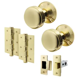 AFIT Lined Door Knob Set Polished Brass - 1 Pair of Mortice Knobs (55mm), Latch (76mm) & Hinges (76mm) for Internal Doors