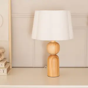 ValueLights Azalea Rustic Wooden Table Lamp with Cream Boucle Scallop Shade and LED Bulb