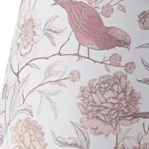 Traditional Cotton Lamp Shade with Pink Long Tailed Birds and Floral Decor