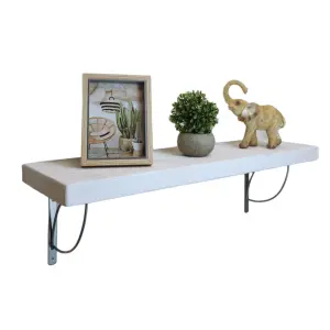 Solid Wood Handmade Rustical Shelf White 175mm 7 inch with Silver Metal Bracket TRAMP Length of 40cm