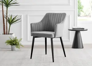 Furniturebox UK Palma Black Semi Gloss Round Pedestal Dining Table & 6 Grey Velvet Calla Black Leg Chairs