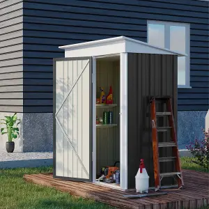 5 x 3 ft Black Metal Shed Garden Storage Shed Pent Roof Lockable Door with Tool Storage Shelves