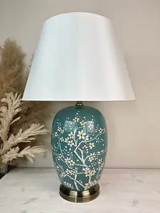 Teal Blossom Ceramic Table Lamp with Plain Shade