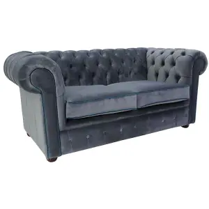 Chesterfield 2 Seater Sofa Malta Grey Blue Piping Velvet Fabric In Classic Style