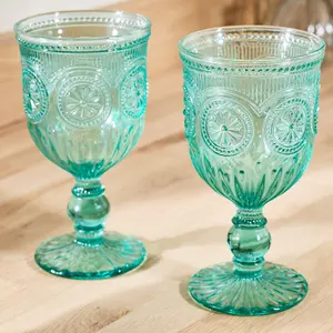 Set of 2 Vintage Luxury Turquoise Embossed Drinking Wine Glass Wine Goblets 290ml