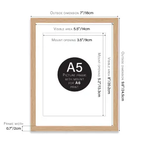 A5 Oak Picture Frame With Mount for A6 (10.5 x 14.8cm - 4.1 x 5.8in) Poster, Photo, Artwork, or Print.