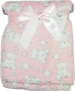 KAV Soft Fleece Wrap Blanket - Soft Unisex Pram Cot Crib Moses Basket Teddy and Stars Print Gift Set for Newborn, Babies (Pink)