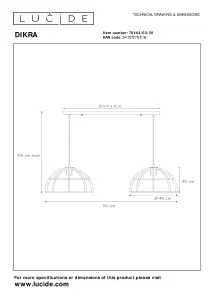 Lucide Dikra Modern Bar Pendant Light - 2xE27 - Black