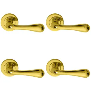 4 PACK - Concealed Door Handle Set - Polished Brass Lever on Round Rose Rotund End