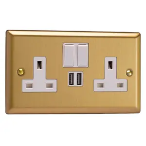 Varilight 2-Gang 13A Single Pole Switched Socket + 2x5V DC 2100mA USB Charging Ports  Brushed Brass