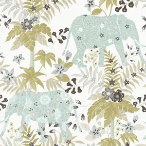 Galerie Into The Wild Metallic White Floral Elephant Wallpaper Roll