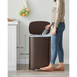 Kitchen Bin 50L, Pedal Bin For Kitchen, Rubbish Bin, Soft Close, Step-On Pedal, Steel, Inner Bucket Brown