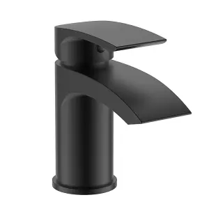 Matt Black Curve Waterfall Cloakroom Basin Mixer Tap Sink Mono Bathroom + Waste