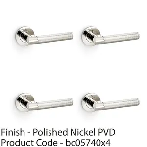 4 PACK - SOLID BRASS Knurled Door Handle Set - Polished Nickel Mitred Lever on Round Rose