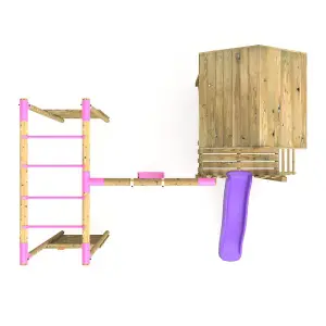 Rebo Orchard 4ft Wooden Children's Playhouse, Swings, Monkey Bars, Deck & 6ft Slide - Single Swing - Solar Purple