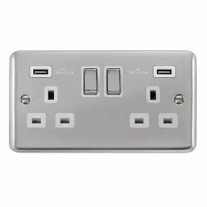 Curved Polished Chrome 2 Gang 13A DP Ingot 2 USB Twin Double Switched Plug Socket - White Trim - SE Home