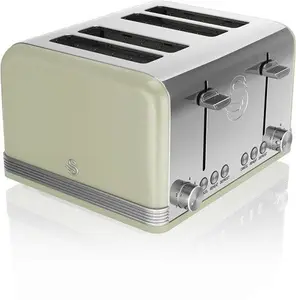 Swan ST19020GN Retro 4-Slice Toaster With Defost/Reheat/Cancle Functions, Cord Storage, 1600W, Retro Green