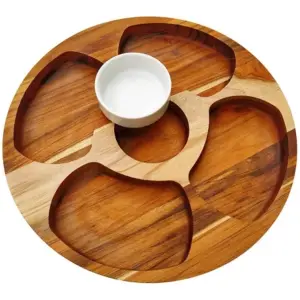 Round Teak Wood Snack Serving Board 5 Divisions with Porcelain Bowl 35.5 x 2.4cm