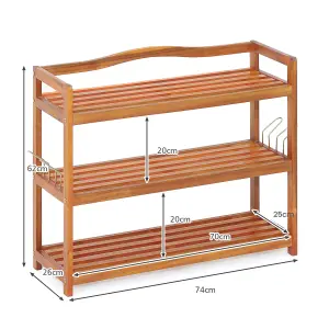 Costway 3-Tier Wood Shoe Rack Solid Shoe Storage Shelf Organizing Unit w/ Side Hooks