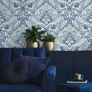 Galerie Mulberry Tree Blue White Floral Damask Wallpaper Roll