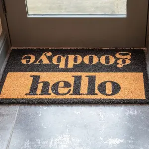 Printed Natural Coir Door Mat Hello Goodbye Decorative Heavy Duty Entrance Mat 45cm x 75cm Indoor / Sheltered Outdoor Use