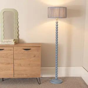 ValueLights Bobbins Powder Blue Floor Lamp with Ruched Pleated Powder Blue Drum Shade