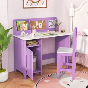 COSTWAY Kids Table and Chair Set Children Study Table with Chair Writing Desk w/ Hutch