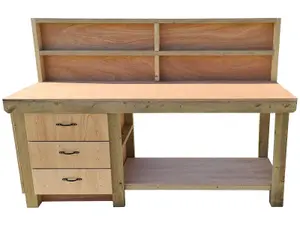 Wooden Eucalyptus top tool cabinet workbench with storage shelf (V.7)  (H-90cm, D-70cm, L-240cm) with back panel