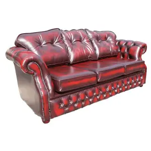 Chesterfield 3 Seater Antique Oxblood Red Leather Sofa Settee In Era Style