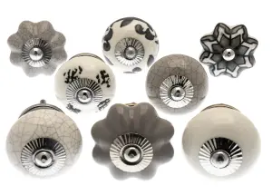 MangoTreeKnobs - Mixed Set of Grey and White Scandi Style Ceramic Cupboard Knobs x Pack 8 (MG-700)