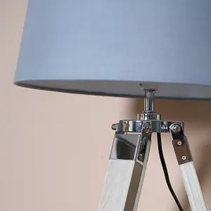 ValueLights Clipper Modern Distressed Wood and Silver Chrome Tripod Table Lamp with Grey Light Shade