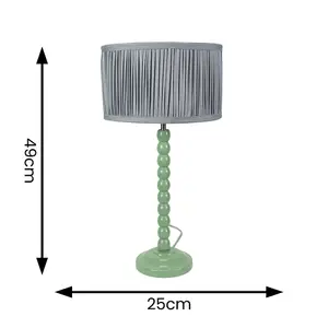 ValueLights Bobbins Sage Green Table Lamp with Ruched Pleated Blue Drum Lamp Shade and LED Bulb