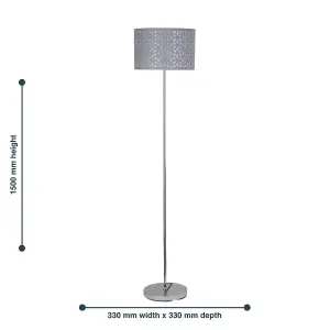 First Choice Lighting Chrome Stick Floor Lamp with Grey Laser Cut Shade