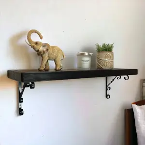 Solid Wood Handmade Rustical Shelf Black Ash 175mm 7 inch with Black Metal Bracket WO Length of 220cm