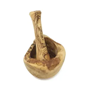 Olive Wood Natural Grained Rustic Kitchen Dining Pestle & Mortar Set 14cm