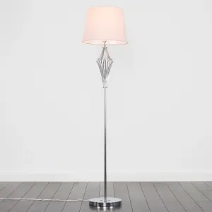 ValueLights Jaspa Chrome Metal Wire Geometric Diamond Design Floor Lamp with Pink Tapered Shade with 6w LED GLS Bulb In Warm White