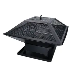 Four Outdoor Metal Garden Fire Pit Basket With BBQ Barbecue Grill+Safety Mesh