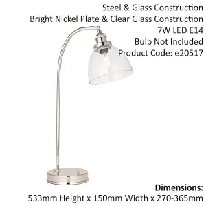 Bright Nickel Table Lamp Task Light - Clear Glass Shade - Knurled Detailing