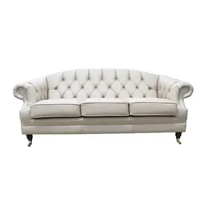 Chesterfield Original 3 Seater Sofa Settee Shelly Pebble Real Leather In Victoria Style